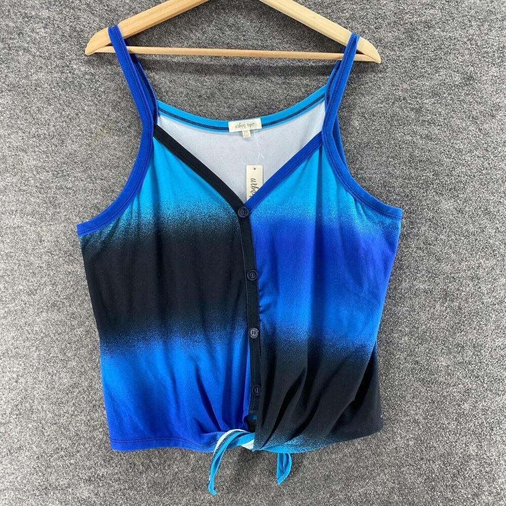 New Urban Rose Top Women 2X Plus Blue Colorblock Button Up V-Neck Sleeveless